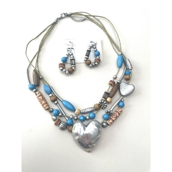 The Unbranded Brand Jewelry - Multi-strand Beaded Necklace and Earring Set Heart Silver Tone Rodeo Western